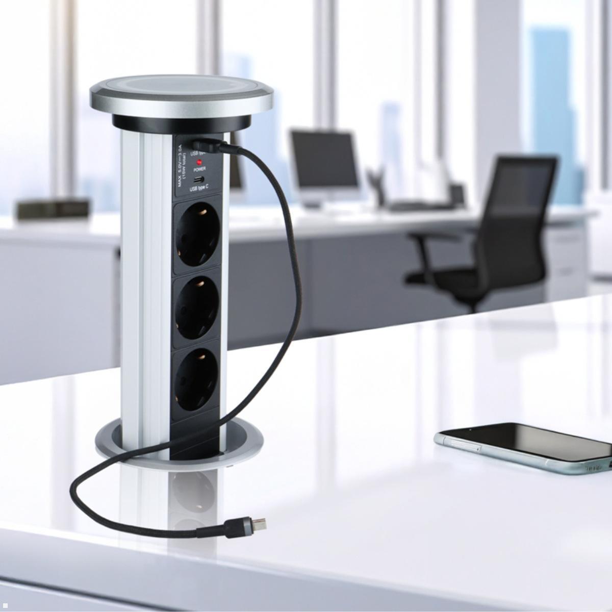 TecLines TVS006S versenkbare 3-fach Steckdosenleiste mit USB A/C, Qi, silber, Anwendungsbeispiel