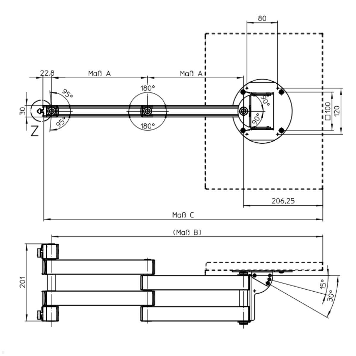 Novus TFC Zubehör Faltarm Ablage 500 mm für Alu Profil Zeichnung mit Maßen
