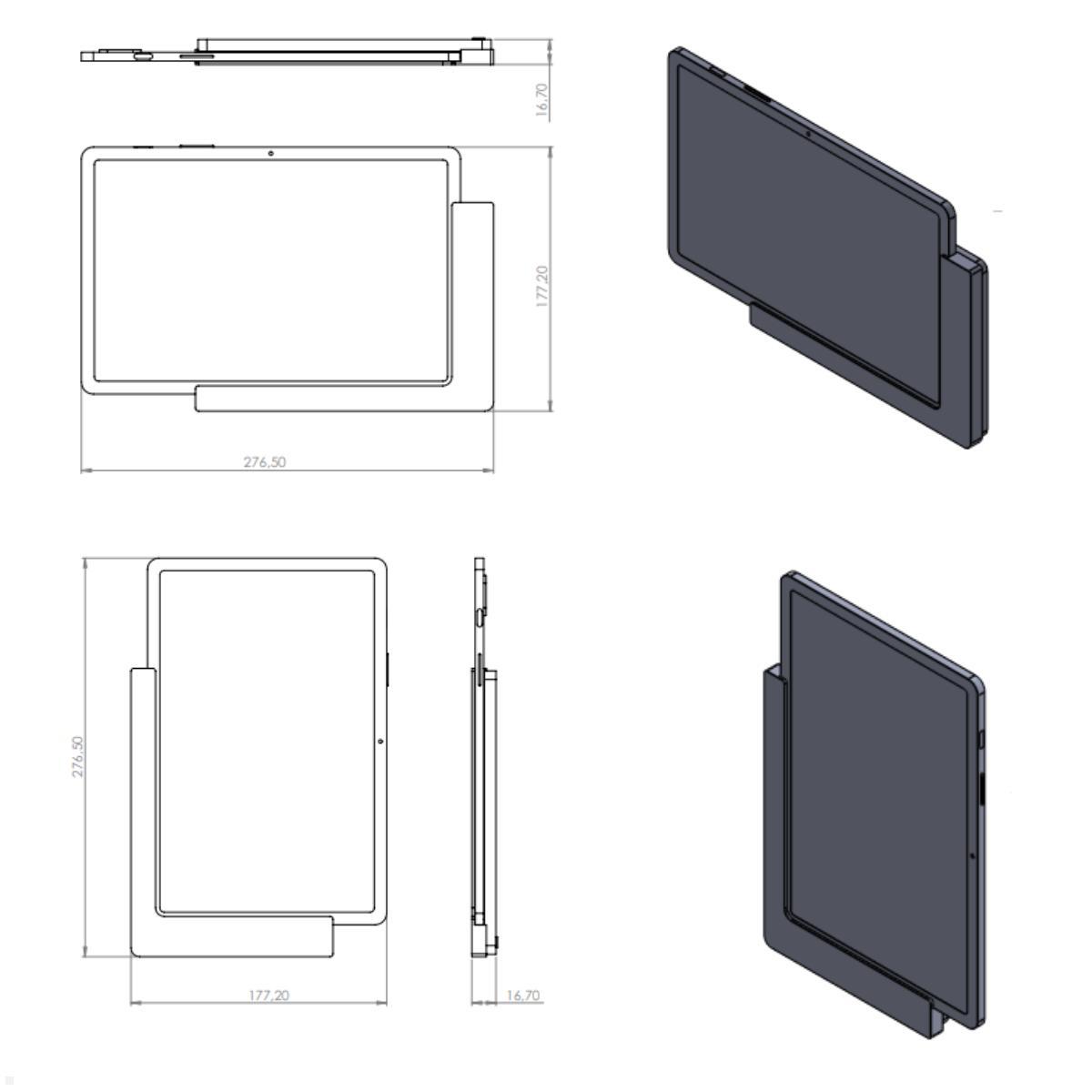 TabLines TWP029S Wandhalterung für Samsung Tab S9 11.0, silber, Zeichnung Maße mit Tablet TabLines TWP029S Wandhalterung für Samsung Tab S9 11.0, silber, Zeichnung Maße mit Tablet