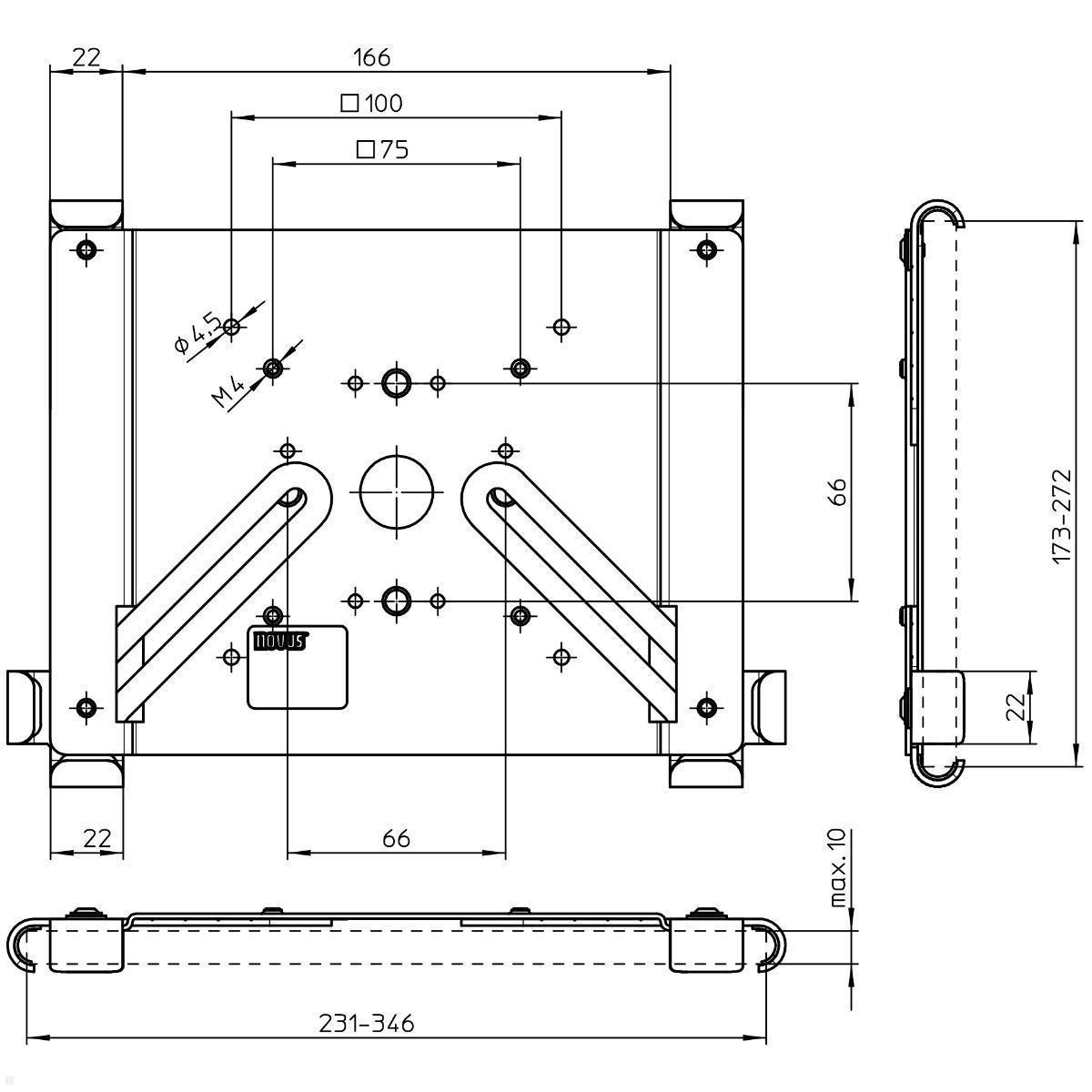 TabLines TBSfix002W Bodenständer mit Universal Tablethalter bis 12.9 Zoll, Zeichnung Maße Halter TabLines TBSfix002W Bodenständer mit Universal Tablethalter bis 12.9 Zoll, Zeichnung Maße Halter