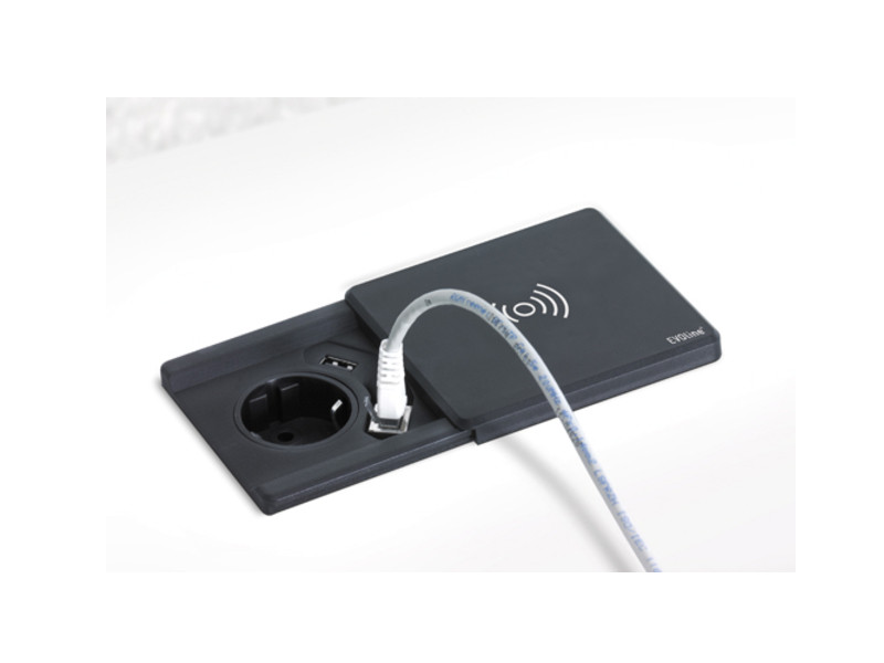 EVOline Square80 Qi-Version 1x Schuko, USB, CAT6 Buchse mit Kabel  EVOline Square80 Qi-Version 1x Schuko, USB, CAT6 Buchse mit Kabel