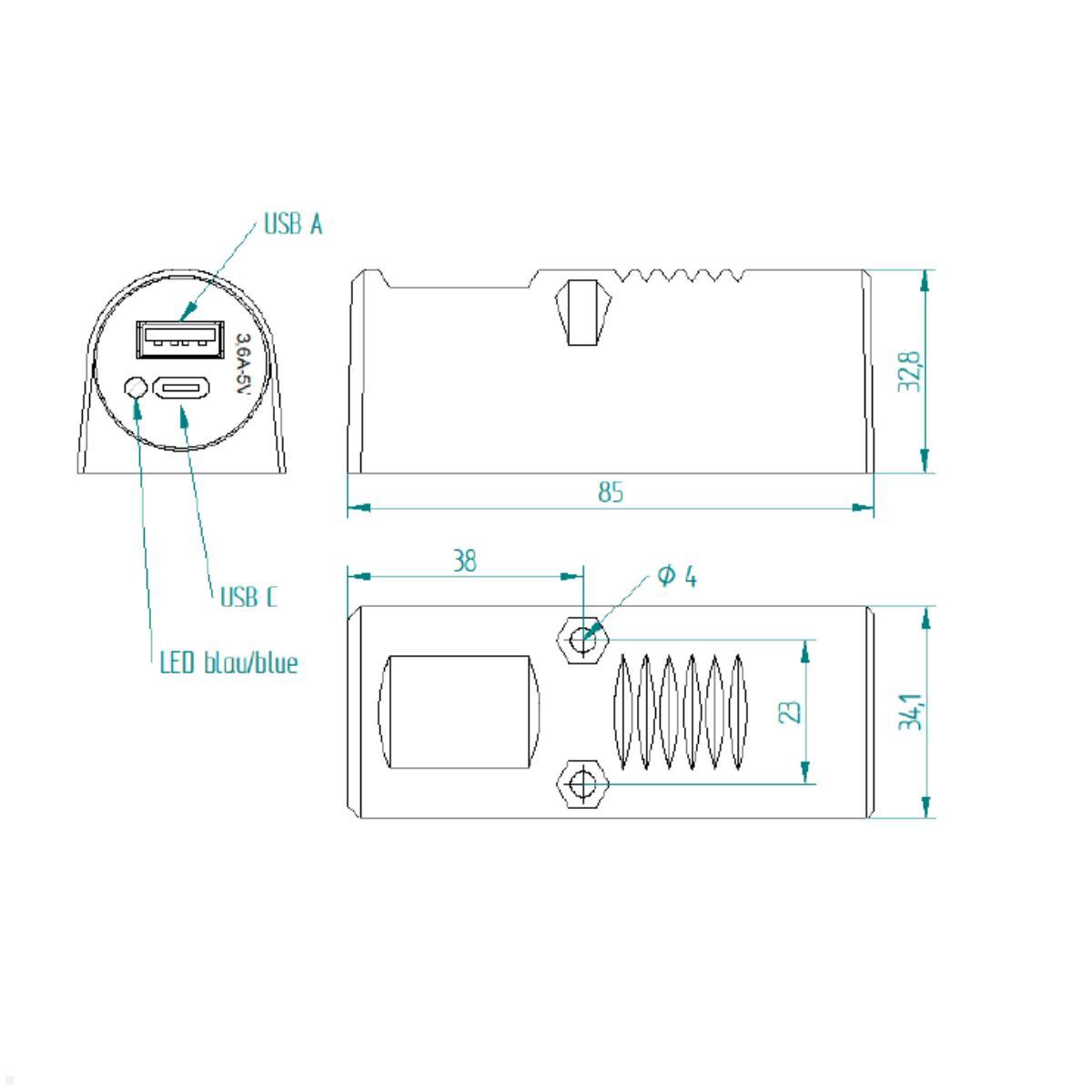 ProCar 67343000 Aufbau Netzteil KFZ LKW mit USB-C / USB-A Doppelsteckdose, Skizze ProCar 67343000 Aufbau Netzteil KFZ LKW mit USB-C / USB-A Doppelsteckdose, Skizze