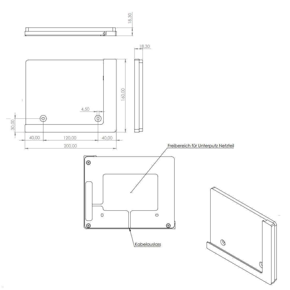 TabLines TWP011B Wandhalterung für iPad Pro 12.9 (5.Gen.) 2021, schwarz, Zeichnung Maße Rückwand TabLines TWP011B Wandhalterung für iPad Pro 12.9 (5.Gen.) 2021, schwarz, Zeichnung Maße Rückwand