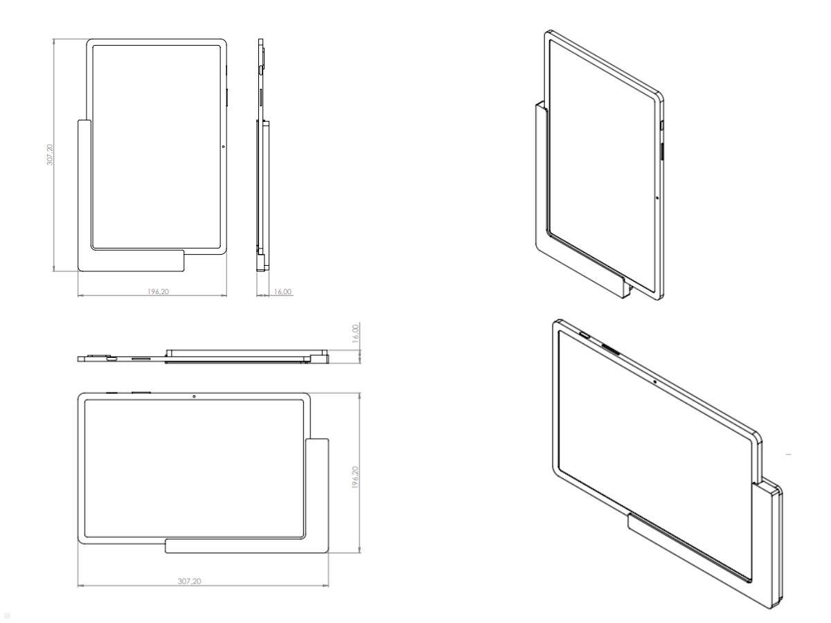 TabLines TWP008W Wandhalterung für Samsung Tab S7+ 12.4, weiss, Zeichnung Maße mit Tablet TabLines TWP008W Wandhalterung für Samsung Tab S7+ 12.4, weiss, Zeichnung Maße mit Tablet