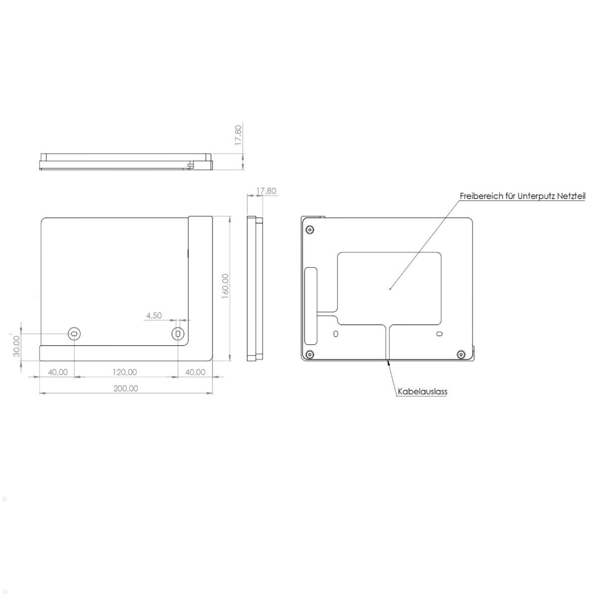 TabLines TWP020W Wandhalterung für Samsung Tab S8 11.0 (2022), weiß, Zeichnung Maße ohne Tablet TabLines TWP020W Wandhalterung für Samsung Tab S8 11.0 (2022), weiß, Zeichnung Maße ohne Tablet