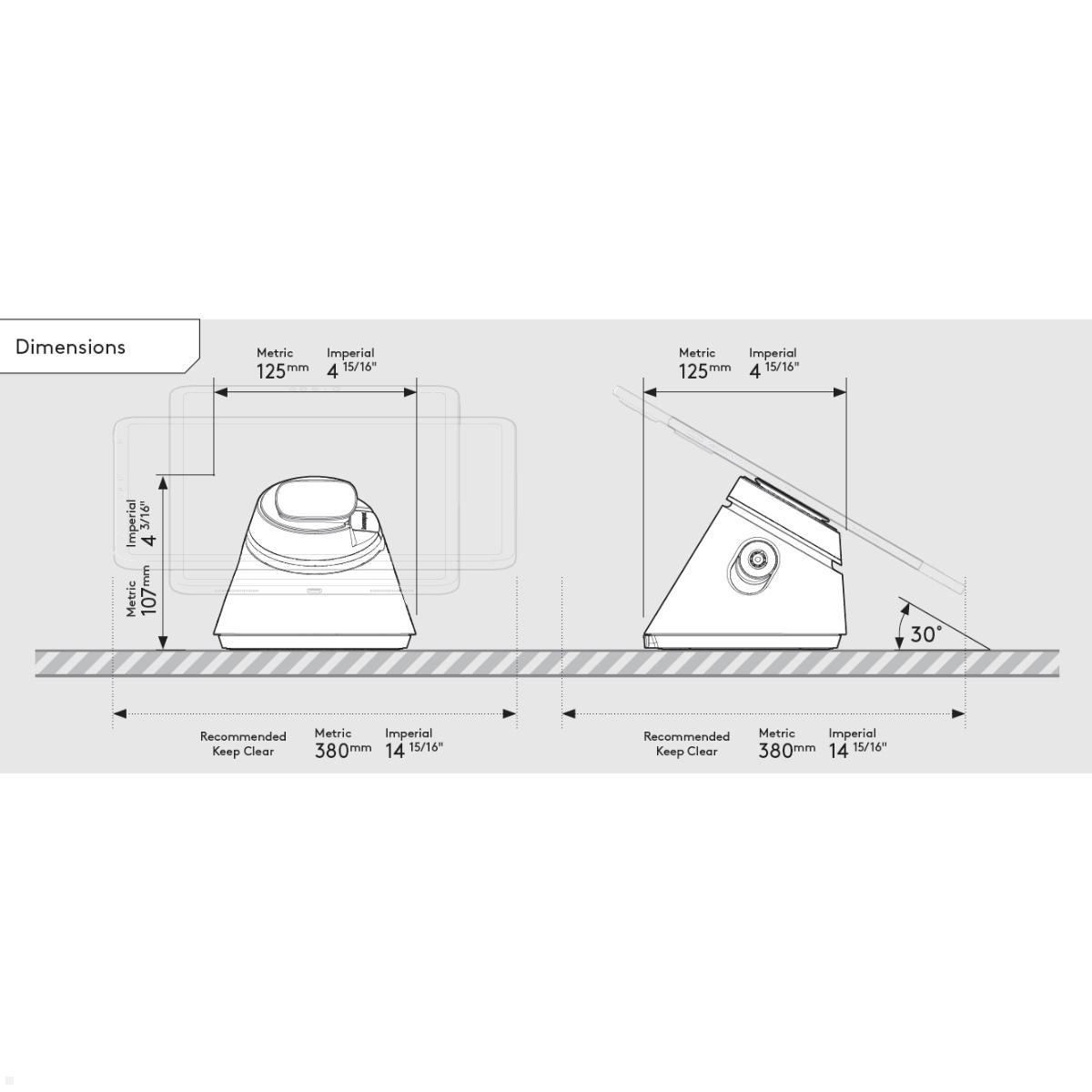Bouncepad CLICK Universal Tablet Tischständer drehbar, schwarz, technische Zeichnung Bouncepad CLICK Universal Tablet Tischständer drehbar, schwarz, technische Zeichnung