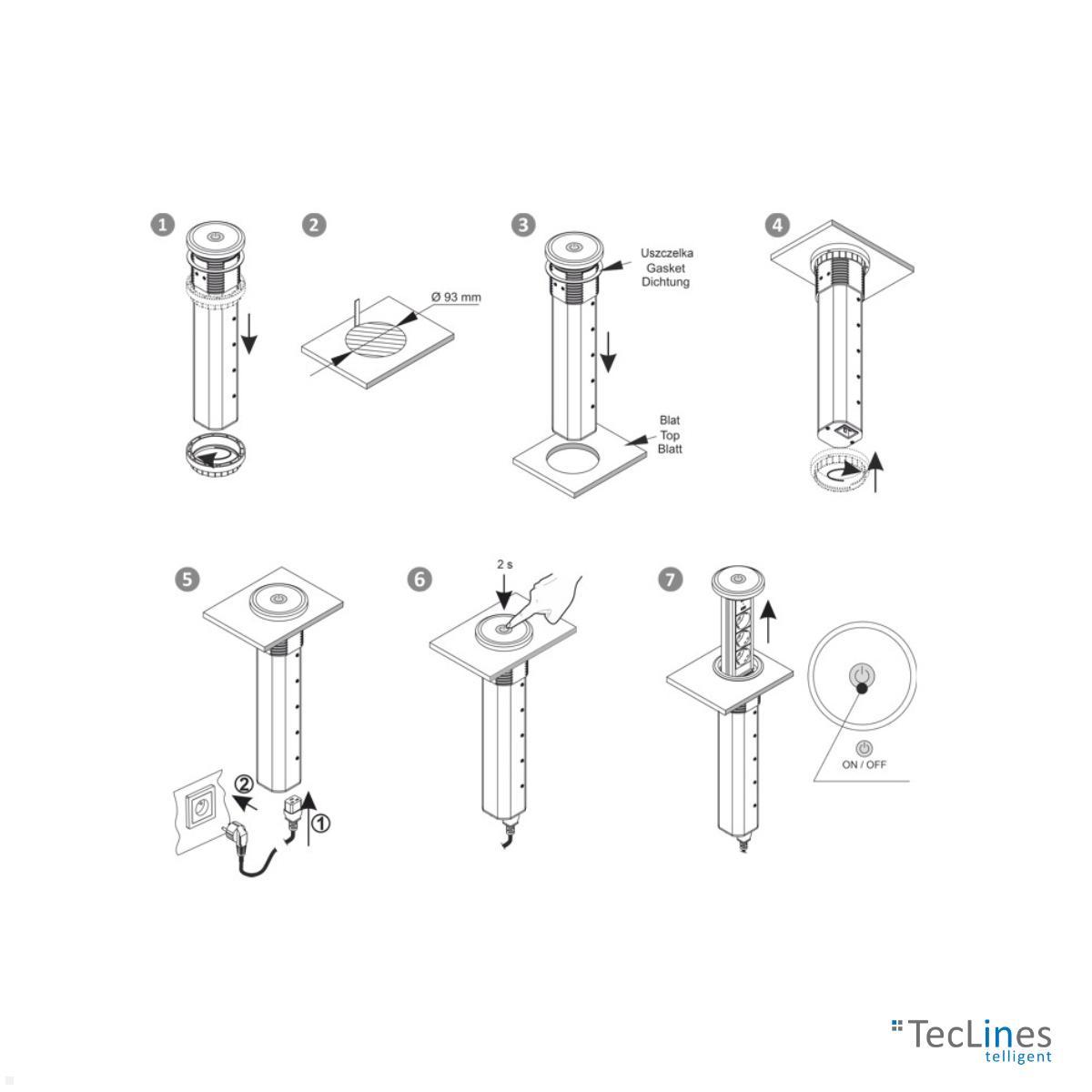 TecLines TVS006S versenkbare 3-fach Steckdosenleiste mit USB A/C, Qi, silber Anwendung