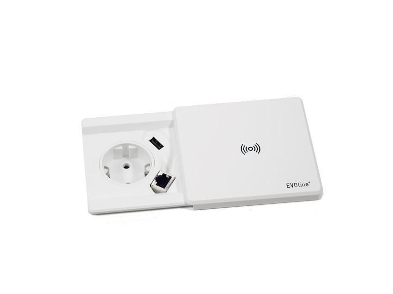 EVOline Square80 Einbausteckdose Qi-Version 1x Schuko, USB, CAT6 Buchse weiss