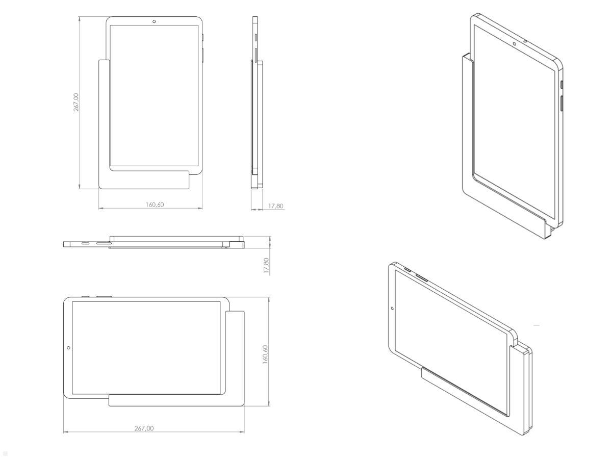 TabLines TWP002W Tablet Wandhalter für Samsung Tab A 10.1 (2019), weiß, Zeichnung Maße mit Tablet TabLines TWP002W Tablet Wandhalter für Samsung Tab A 10.1 (2019), weiß, Zeichnung Maße mit Tablet