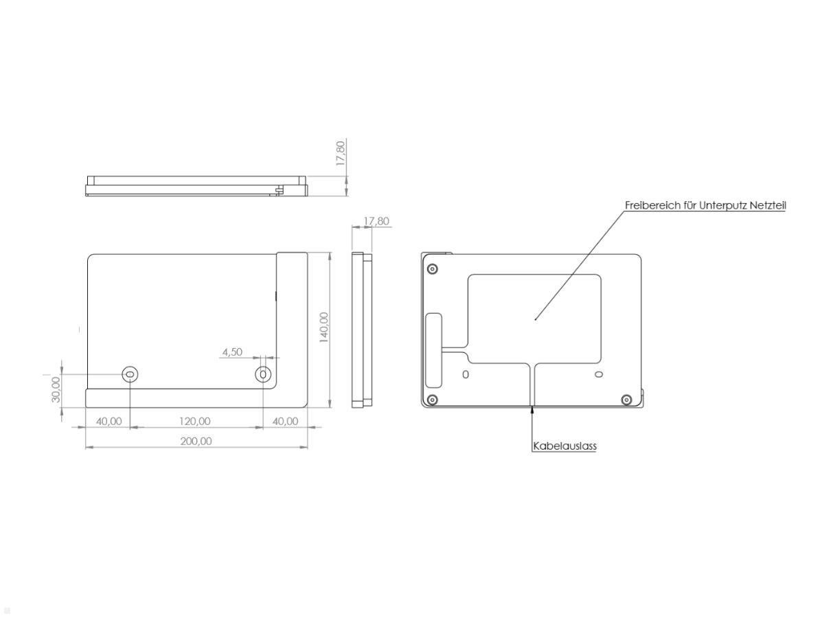 TabLines TWP003S Wandhalterung für iPad Pro 11.0, silber, Zeichnung Maße Installation TabLines TWP003S Wandhalterung für iPad Pro 11.0, silber, Zeichnung Maße Installation