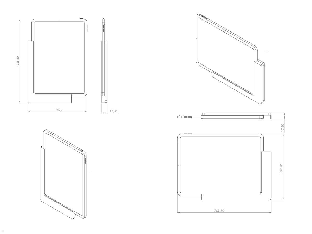 TabLines TWP003S Wandhalterung für iPad Pro 11.0, silber, Zeichnung Maße mit Tablet TabLines TWP003S Wandhalterung für iPad Pro 11.0, silber, Zeichnung Maße mit Tablet