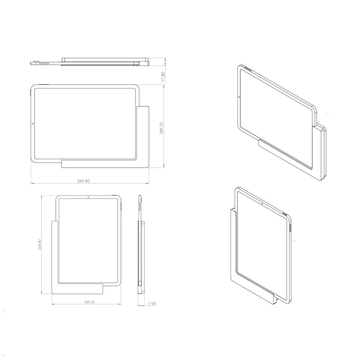 TabLines TWP005W Wandhalterung für iPad Air 4 und 5 10.9, weiß, Zeichnung Maße mit Tablet TabLines TWP005W Wandhalterung für iPad Air 4 und 5 10.9, weiß, Zeichnung Maße mit Tablet
