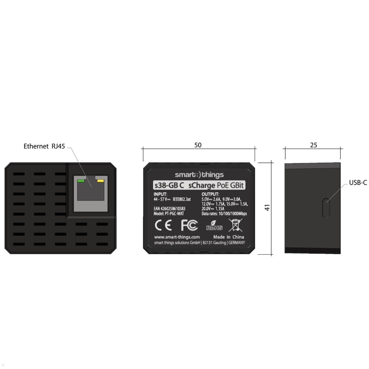 smart things sCharge PoE Gbit USB-C Netzteil mit Gigabit LAN (s38 C), verdeckte Wandmontage