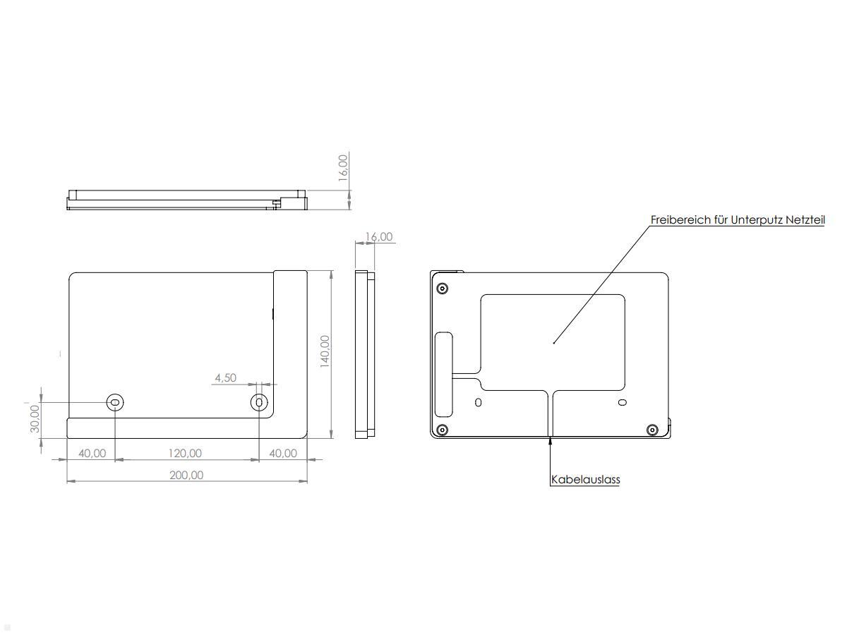 TabLines TWP008W Wandhalterung für Samsung Tab S7+ 12.4, weiss, Zeichnung Maße Installation TabLines TWP008W Wandhalterung für Samsung Tab S7+ 12.4, weiss, Zeichnung Maße Installation