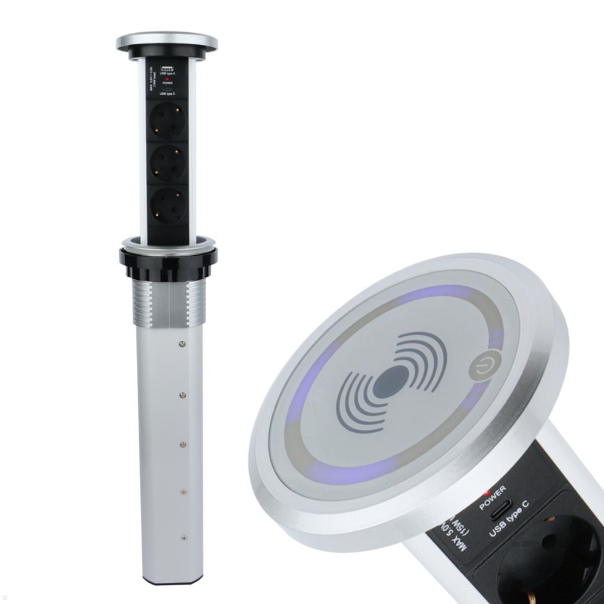 TecLines TVS006S versenkbare 3-fach Steckdosenleiste mit USB A/C, Qi, silber