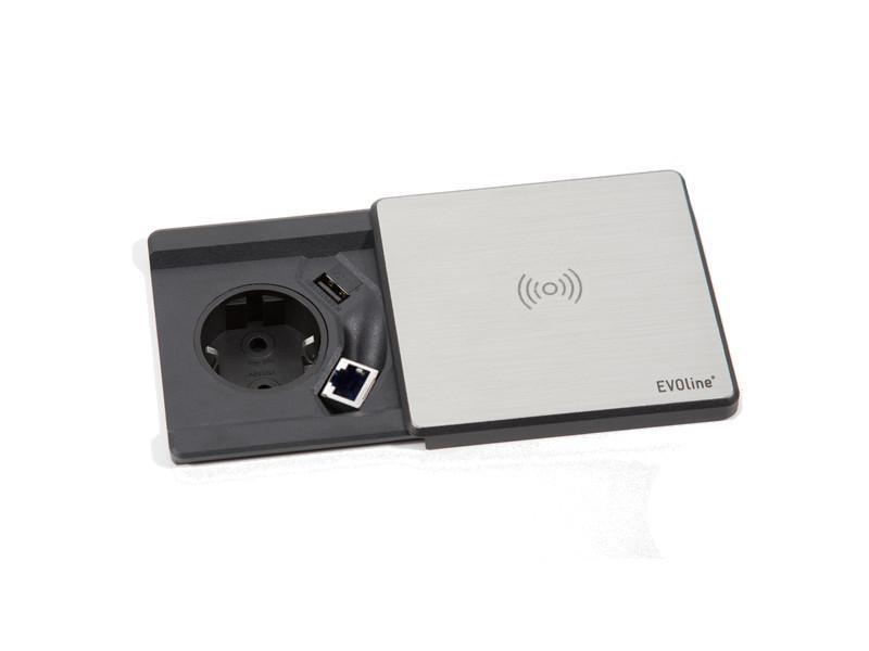 EVOline Square80 Einbausteckdose Qi-Version 1x Schuko, USB, CAT6 Buchse Edelstahl