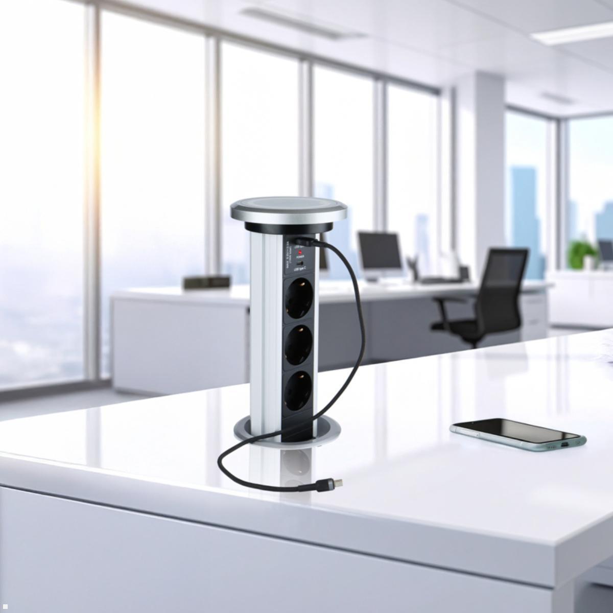 TecLines TVS006S versenkbare 3-fach Steckdosenleiste mit USB A/C, Qi, silber, Beispiel Büro