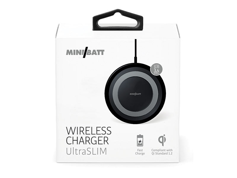 miniBatt MB-USLIM-B kabelloses ultraslim Tisch Qi-Ladegerät FAST CHARGE Verpackung