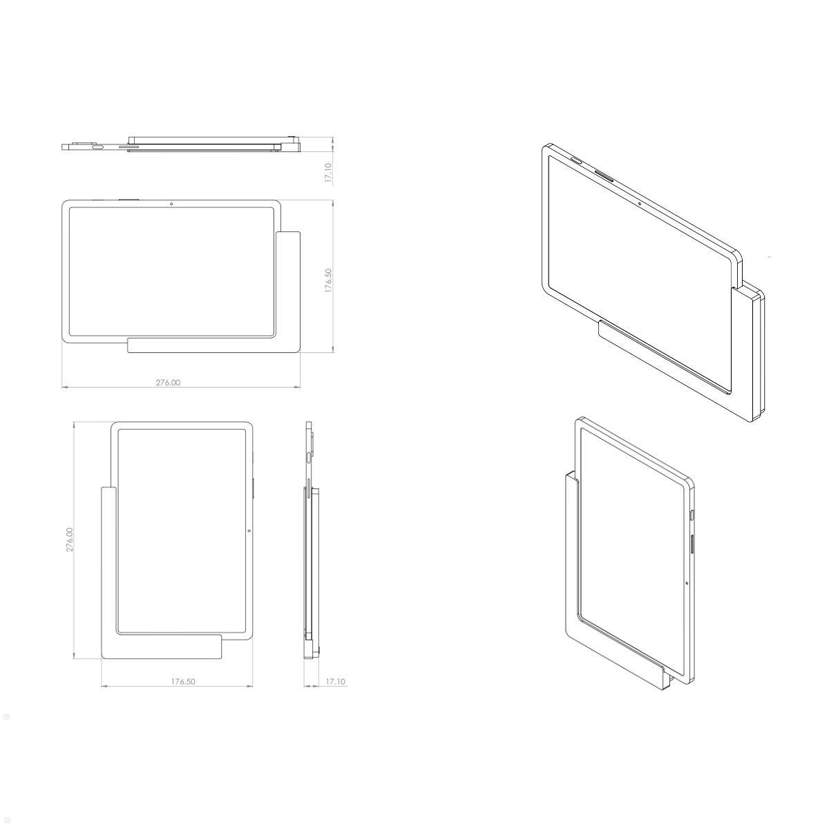 TabLines TWP020W Wandhalterung für Samsung Tab S8 11.0 (2022), weiß, Zeichnung Maße mit Tablet TabLines TWP020W Wandhalterung für Samsung Tab S8 11.0 (2022), weiß, Zeichnung Maße mit Tablet