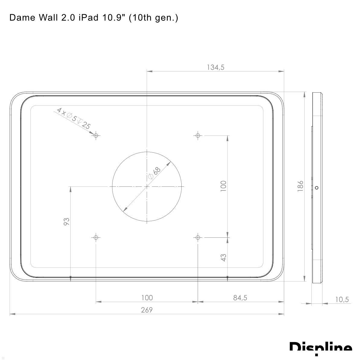 Displine Dame Wall 2.0 Wandhalter Apple iPad 10.9 (10. Gen.) mit USB-C, Titanium eloxiert technische Zeichnung Displine Dame Wall 2.0 Wandhalter Apple iPad 10.9 (10. Gen.) mit USB-C, Titanium eloxiert technische Zeichnung
