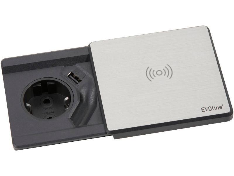 EVOline Square80 Einbausteckdose Qi-Version 1x Schuko und USB Edelstahl-Optik