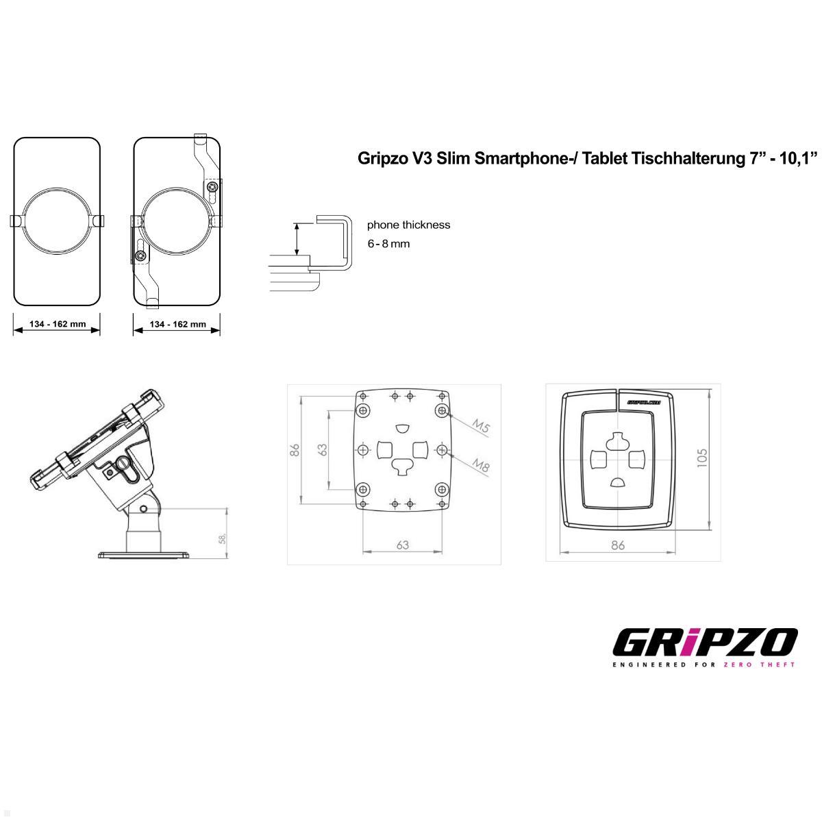 Gripzo V3 Slim Smartphone-/ Tablet Tischhalterung 7  bis 10,1 Zoll, Diebstahlschutz, technische Details Gripzo V3 Slim Smartphone-/ Tablet Tischhalterung 7  bis 10,1 Zoll, Diebstahlschutz, technische Details