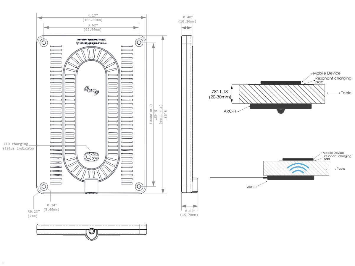 oe electrics ARC-H LD kabelloses Durchtisch Qi Schnellladegerät, technische Zeichnung oe electrics ARC-H LD kabelloses Durchtisch Qi Schnellladegerät, technische Zeichnung