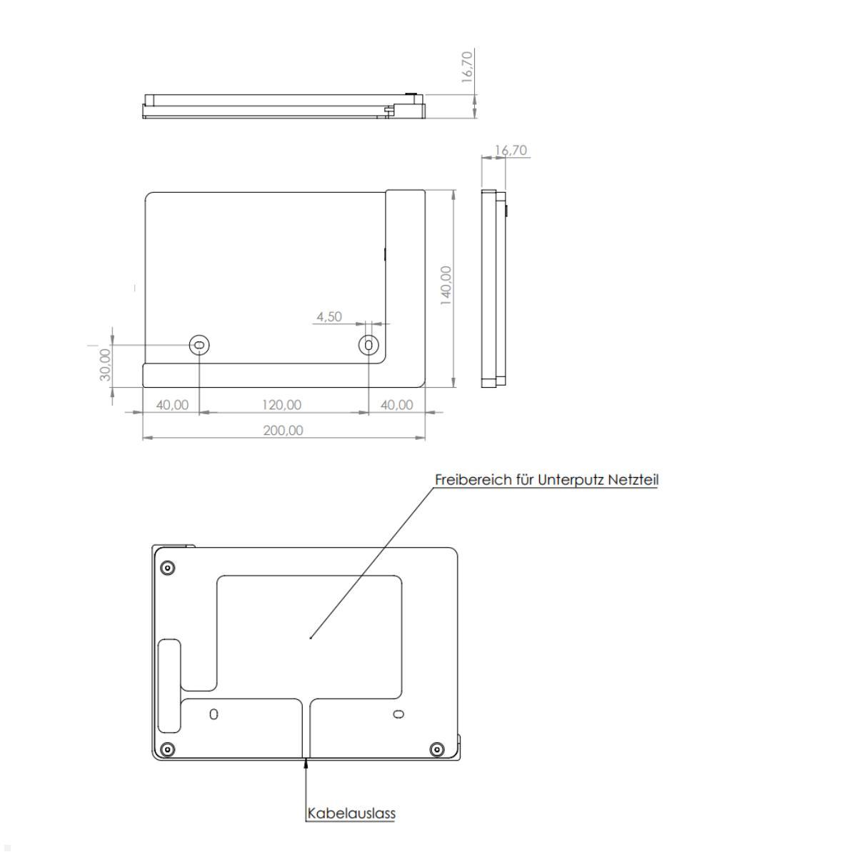 TabLines TWP029W Wandhalterung für Samsung Tab S9 11.0, weiß, Zeichnung Maße ohne Tablet TabLines TWP029W Wandhalterung für Samsung Tab S9 11.0, weiß, Zeichnung Maße ohne Tablet