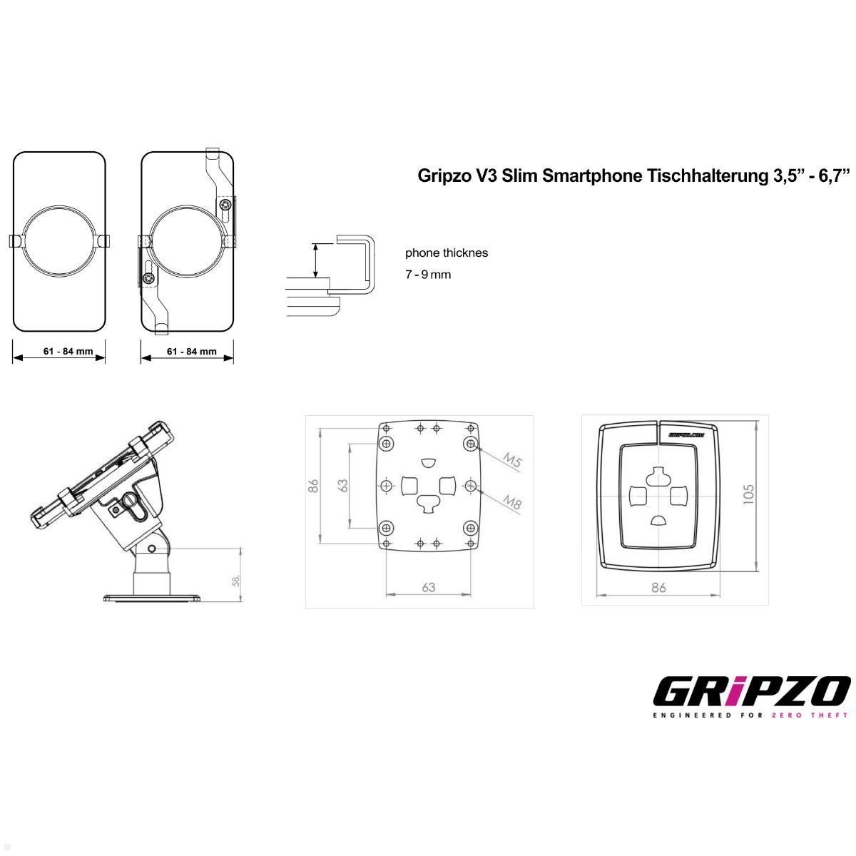 Gripzo V3 Slim Smartphone Tischhalterung 3,5  bis 6,7 Zoll, technische Details Gripzo V3 Slim Smartphone Tischhalterung 3,5  bis 6,7 Zoll, technische Details