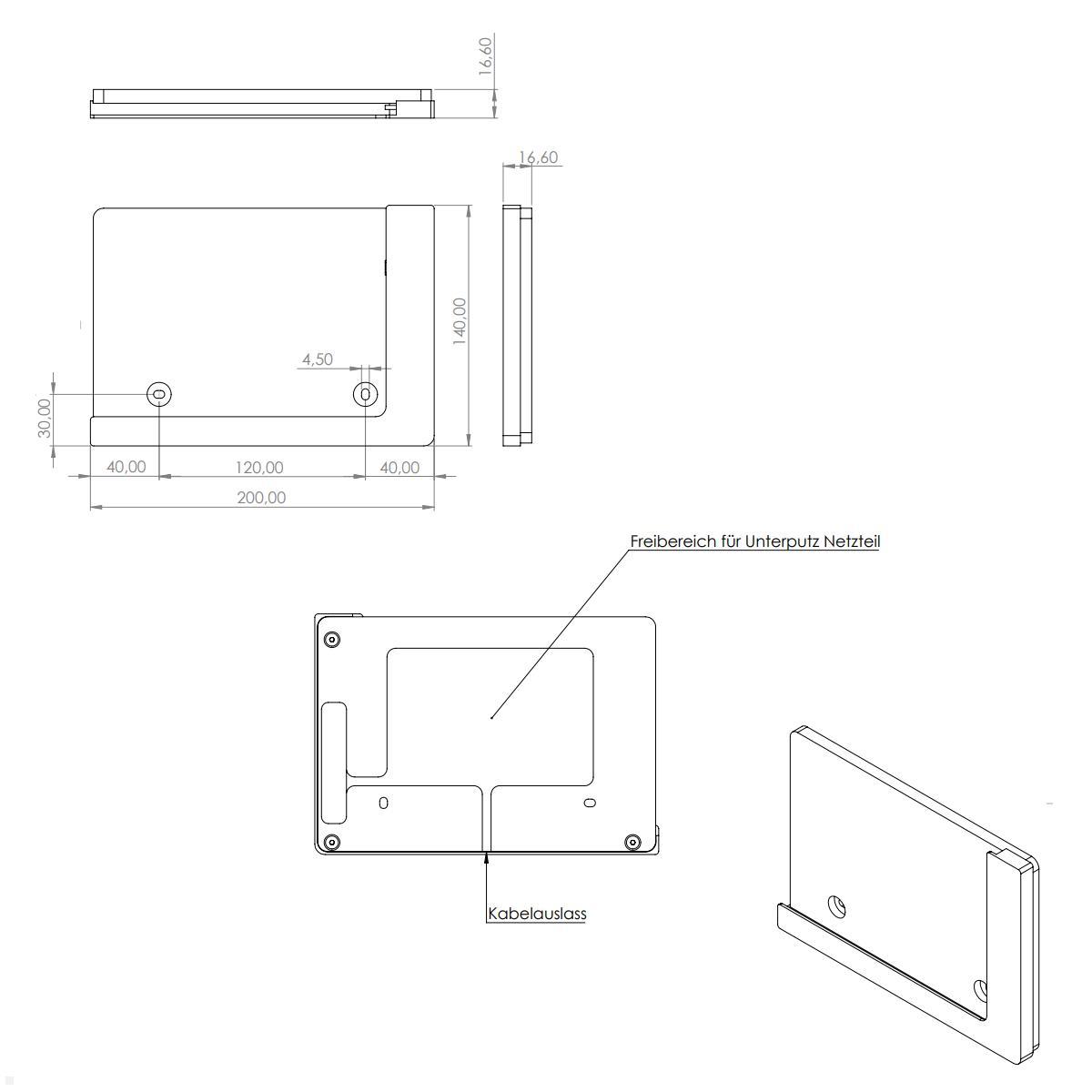 TabLines TWP013S Wandhalterung für Samsung Tab S7 FE 12.4, silber, Zeichnung Maße Installation TabLines TWP013S Wandhalterung für Samsung Tab S7 FE 12.4, silber, Zeichnung Maße Installation