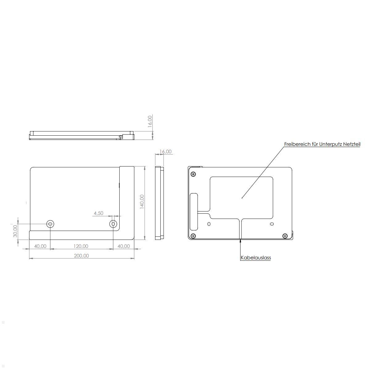 TabLines TWP021S Wandhalterung für Samsung Tab S8+ 12.4, silber, Zeichnung Maße ohne Tablet TabLines TWP021S Wandhalterung für Samsung Tab S8+ 12.4, silber, Zeichnung Maße ohne Tablet