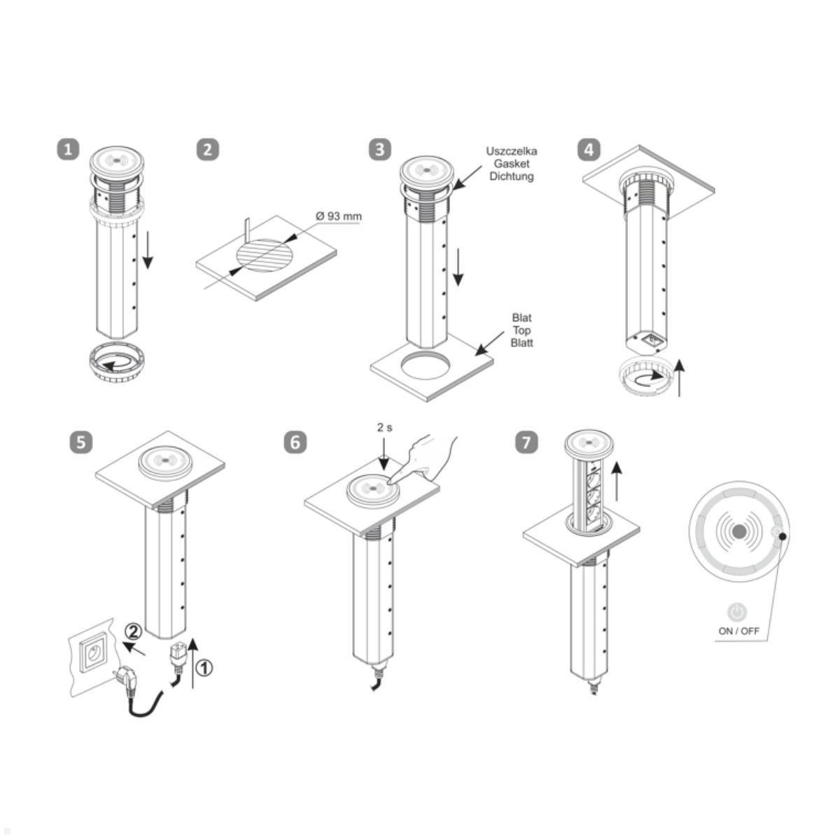 TecLines TVS006S versenkbare 3-fach Steckdosenleiste mit USB A/C, Qi, silber, einfache Montage