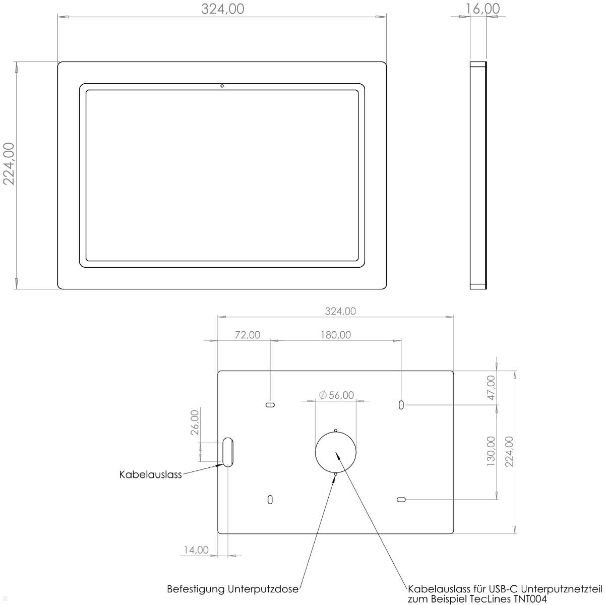 TabLines TWH063S Wandhalterung für Samsung Tab S10+ 12.4, silber, technische Zeichnung TabLines TWH063S Wandhalterung für Samsung Tab S10+ 12.4, silber, technische Zeichnung