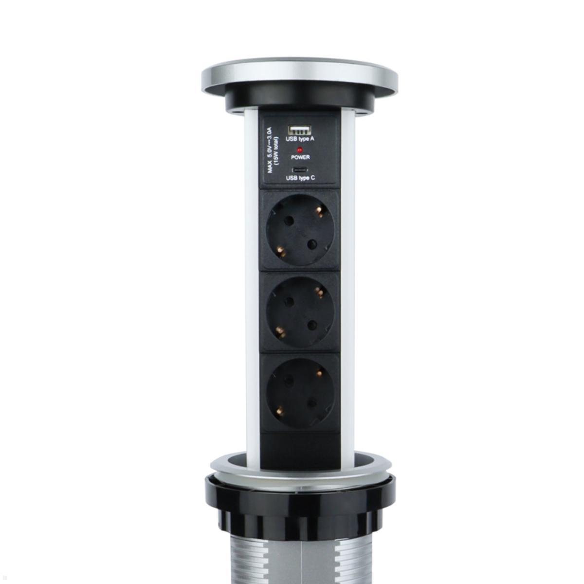 TecLines TVS006S versenkbare 3-fach Steckdosenleiste mit USB A/C, Qi, silber, ausfahrbar