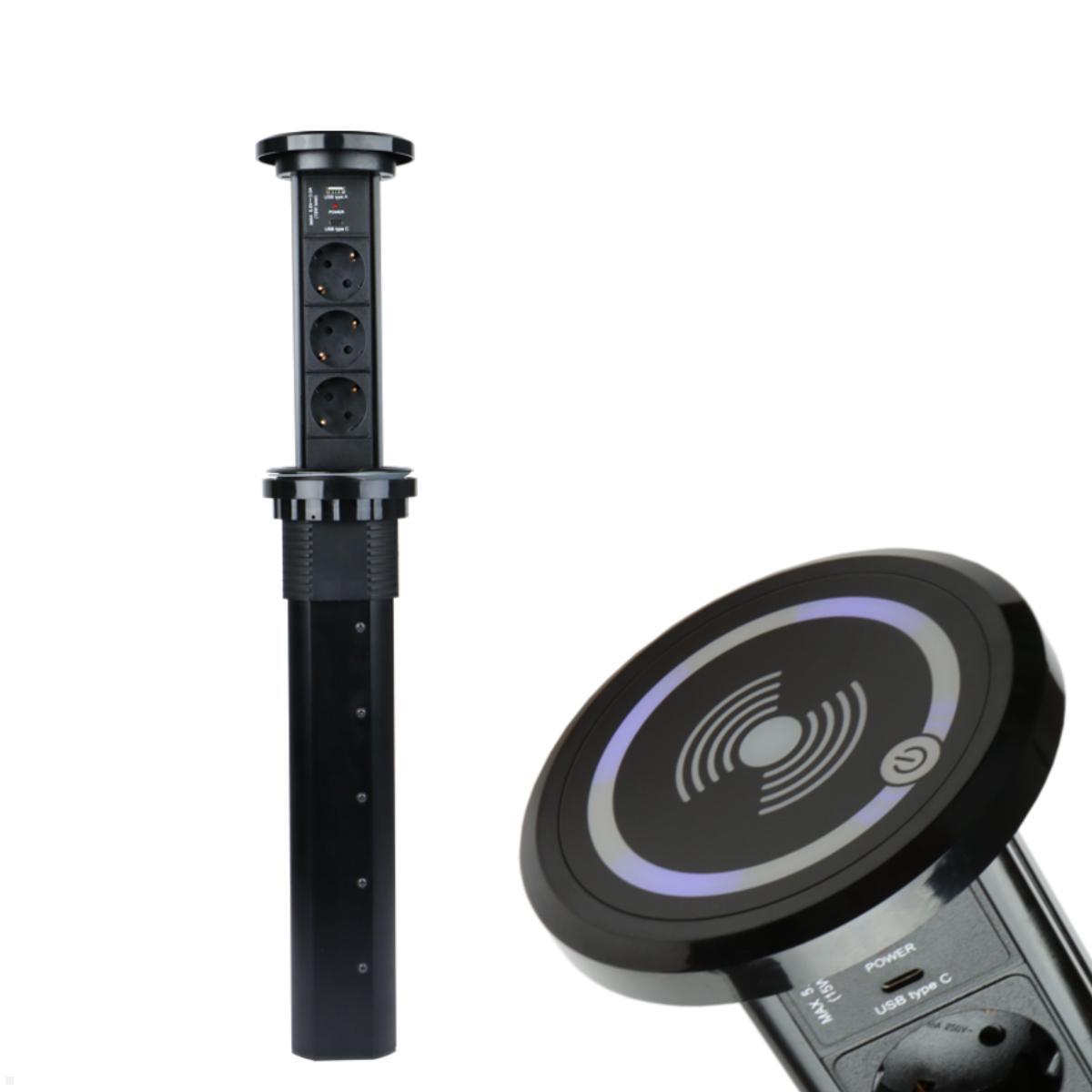 TecLines TVS006B versenkbare 3-fach Steckdosenleiste mit USB A/C, Qi, schwarz TecLines TVS006B versenkbare 3-fach Steckdosenleiste mit USB A/C, Qi, schwarz