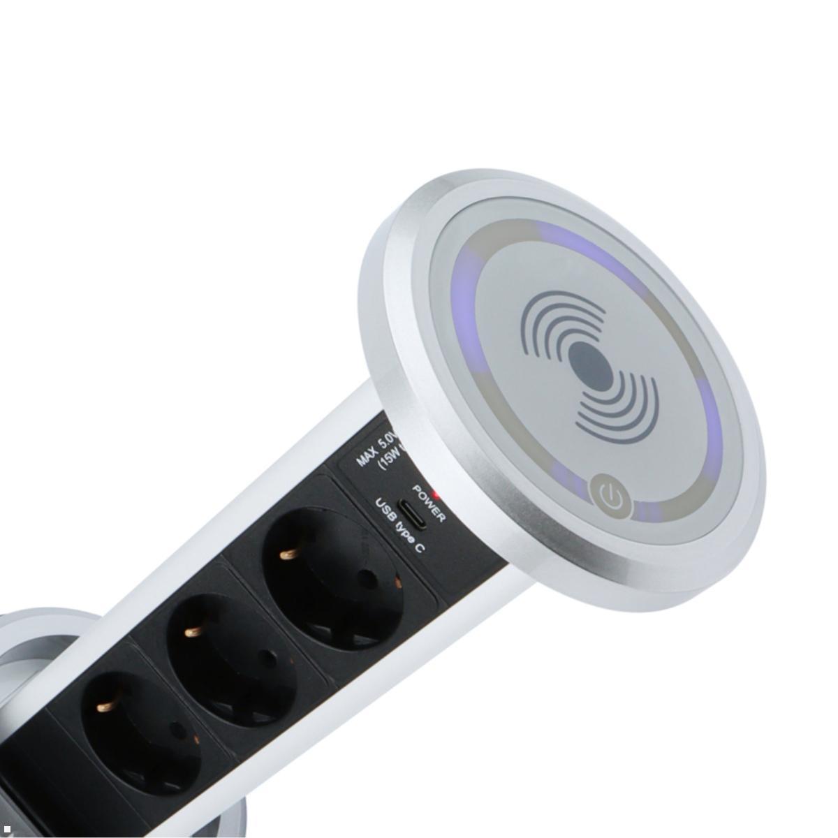 TecLines TVS006S versenkbare 3-fach Steckdosenleiste mit USB A/C, Qi, silber, induktive Ladestation