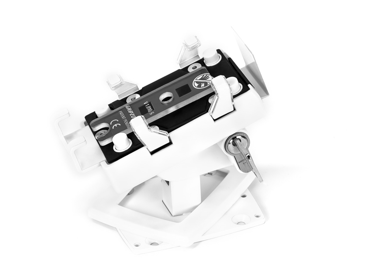 Gripzo Smartphone Tischhalterung XL für iPhone 6,7,8, X, weiß Anschraubbar mit Abdeckung Gripzo Smartphone Tischhalterung XL für iPhone 6,7,8, X, weiß Anschraubbar mit Abdeckung