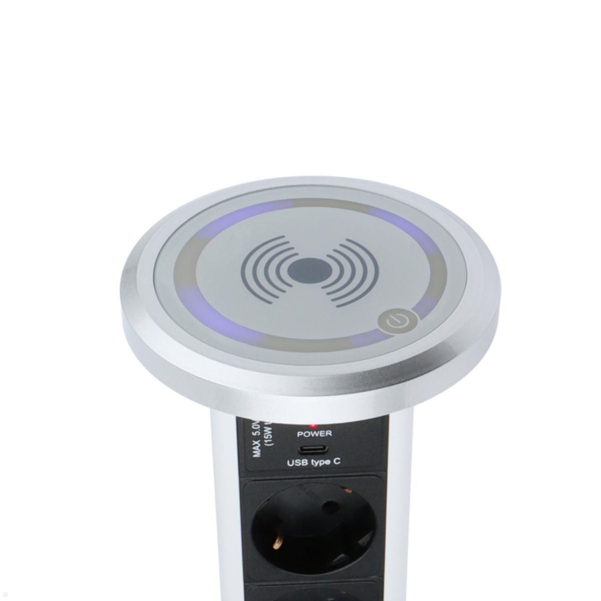 TecLines TVS006S versenkbare 3-fach Steckdosenleiste mit USB A/C, Qi, silber, Kontaktlose Ladefunktion