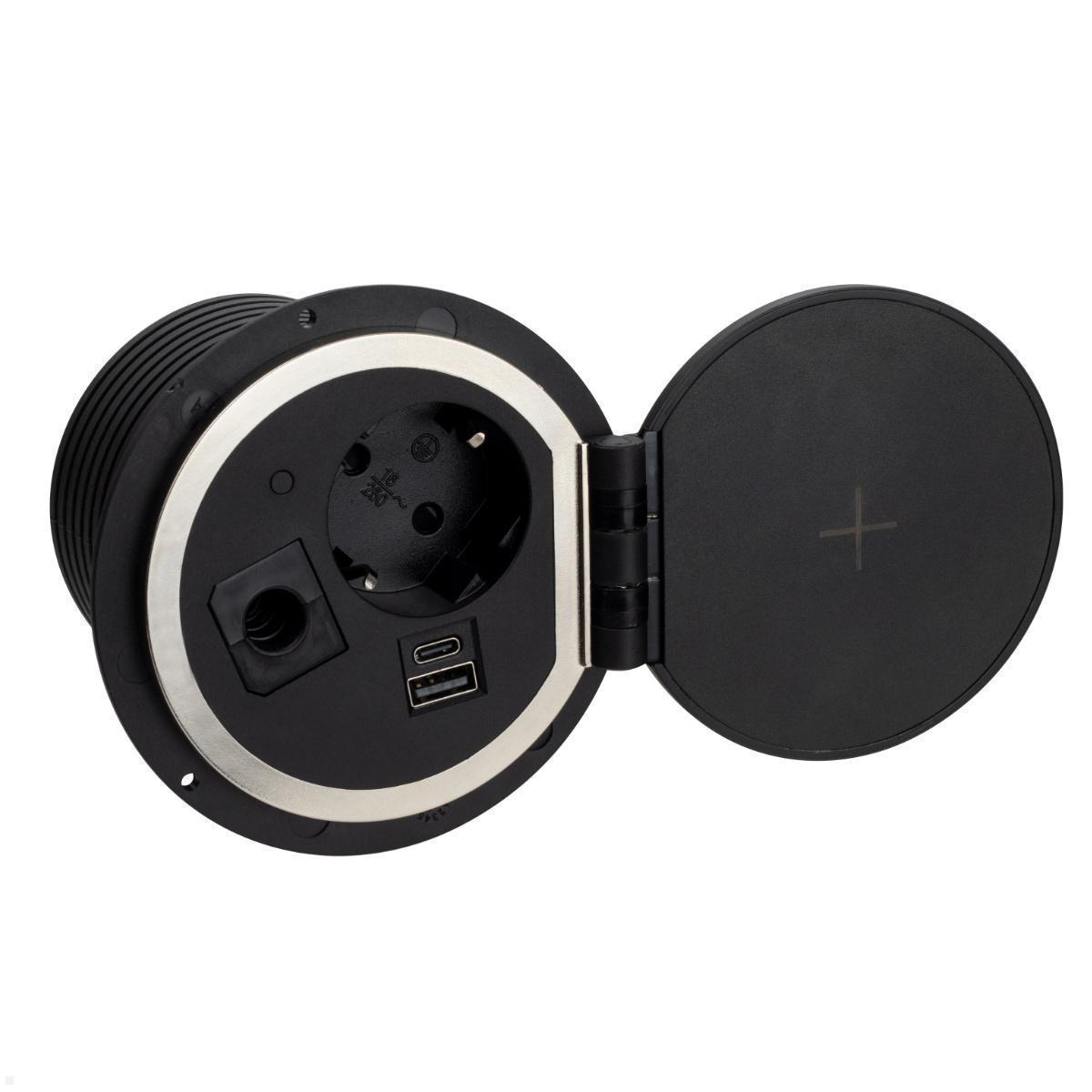 TecLines TES005B Einbausteckdose mit USB-Charger und Qi Ladegerät schwarz