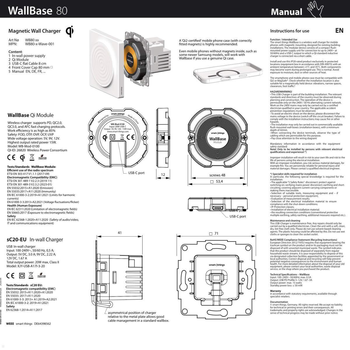 smart things WallBase 80 Wave magnetischer Qi Charger Unterputz (WB80 w), weiß, magnetische Wandhalterung