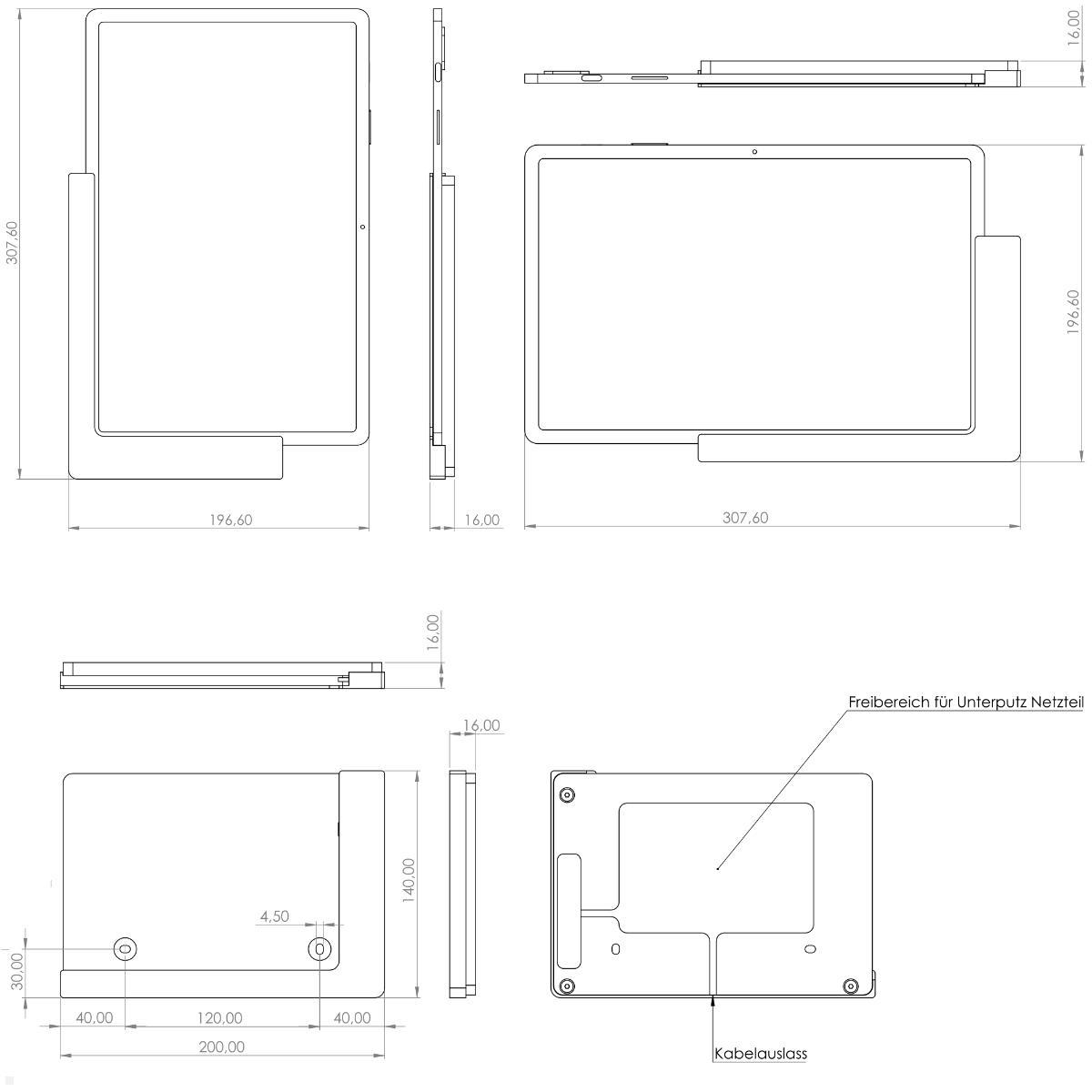 TabLines TWP042B Wandhalterung für Samsung Tab S10+ 12.4, schwarz, technische Zeichnung TabLines TWP042B Wandhalterung für Samsung Tab S10+ 12.4, schwarz, technische Zeichnung